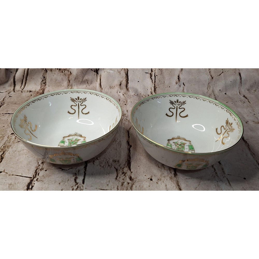 Vintage LJ Porcelain Bowls Set of 2 Green Gold Crest Bird Motif Hand Painted